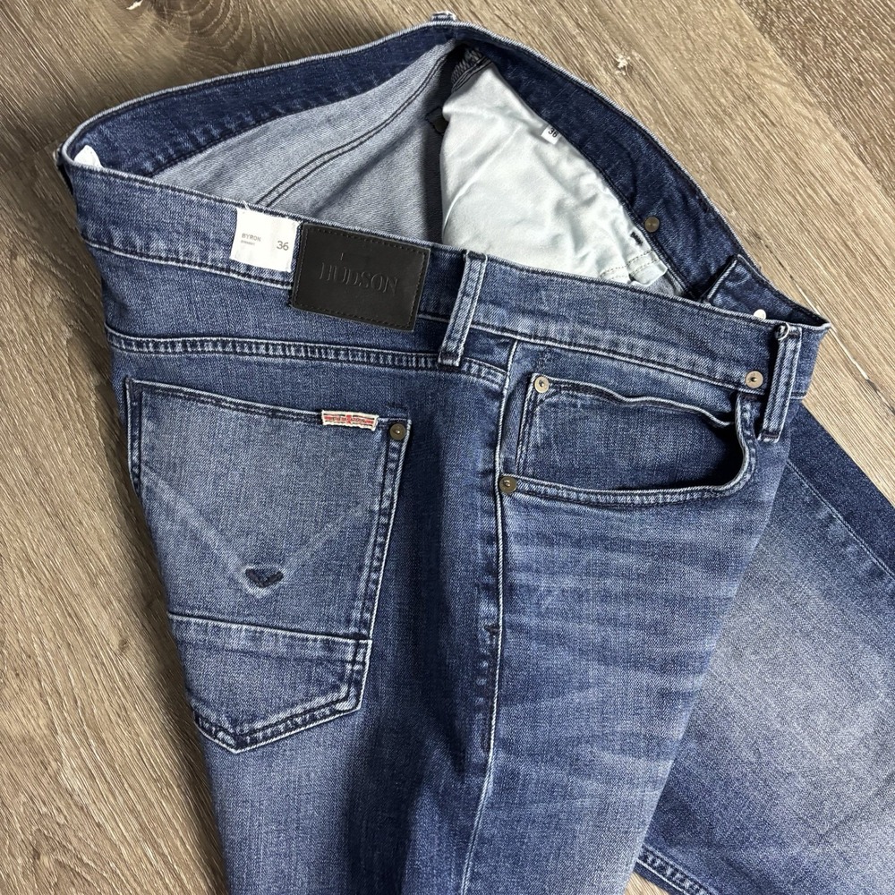 Hudson Byron Straight Jeans Mens‎ 38x34 Blue Denim Zip Fly Stretch Five Pocket - Picture 5 of 12